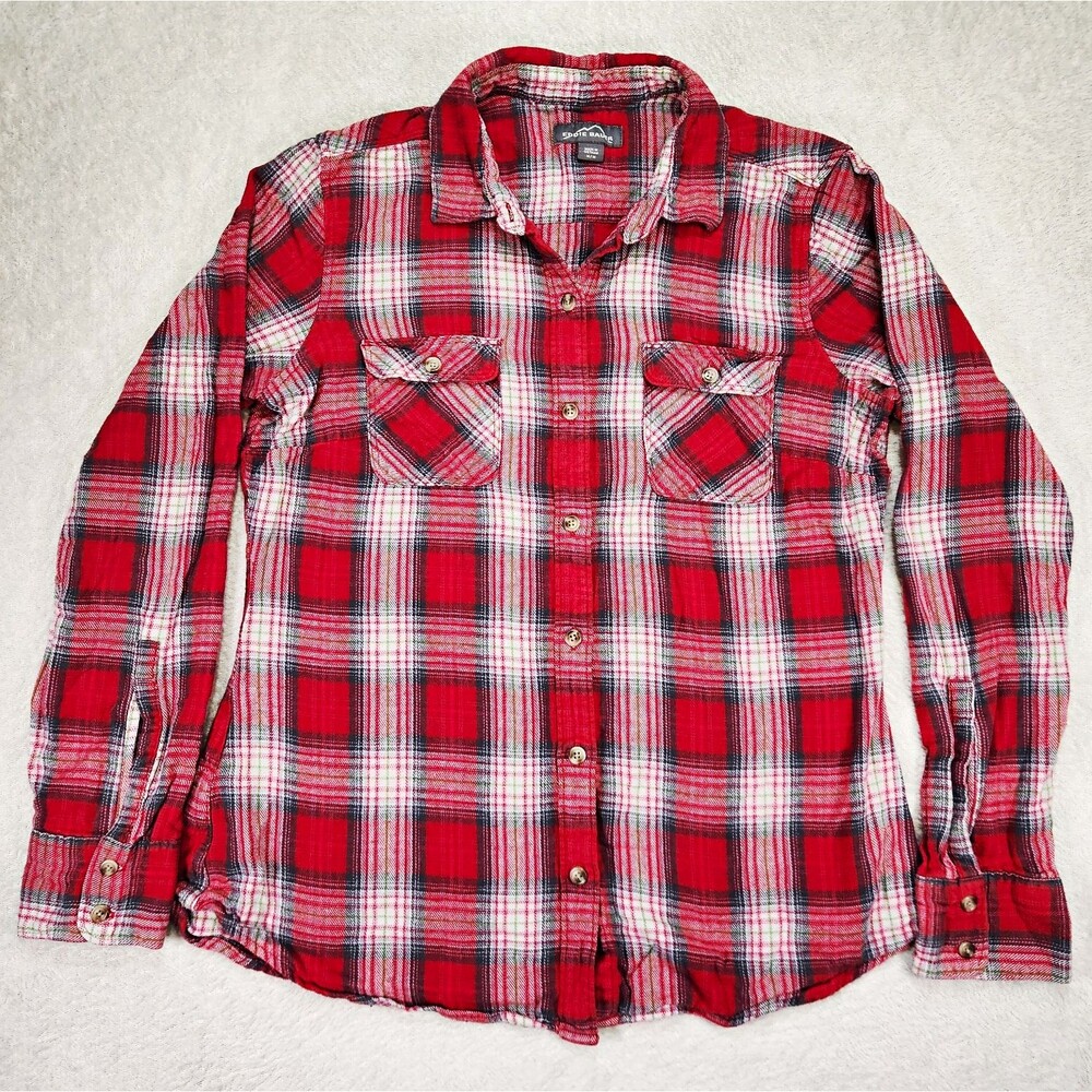 Eddie Bauer Womens M Plaid Flannel Button Up Long Sleeve Pockets Red 100% cotton